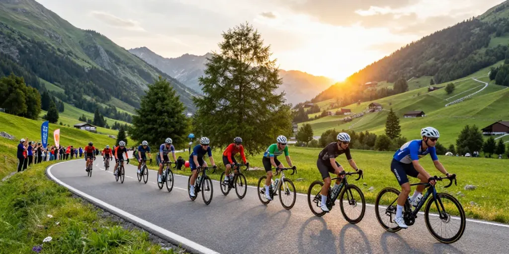Un gruppo di ciclisti in gara su una strada panoramica di montagna, circondati da un'atmosfera vivace e sostenuta, simbolo della passione per il ciclismo.