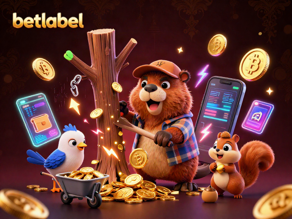 Betlabel showcases a playful beaver and friends harvesting golden coins in vibrant 3D casino art.