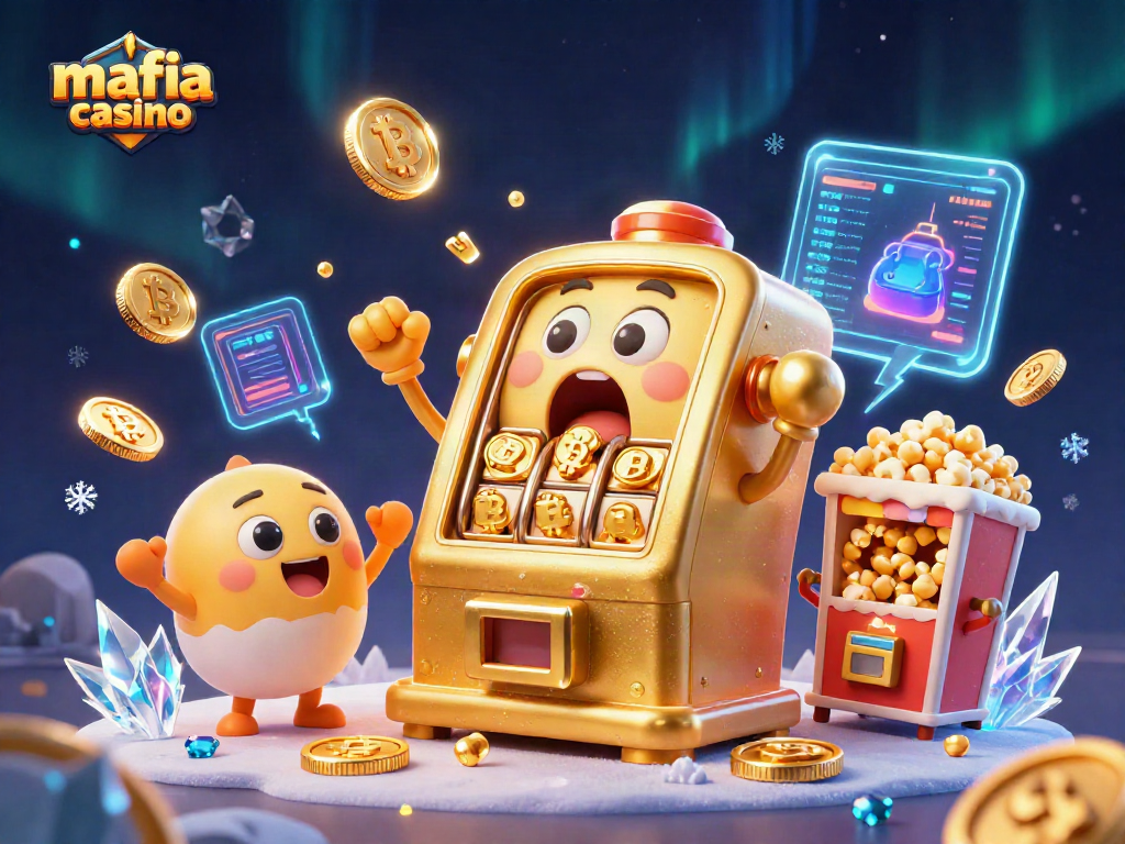 Mafia casino's golden slot machine celebrates a jackpot with coins everywhere, creating a vibrant gaming atmosphere.