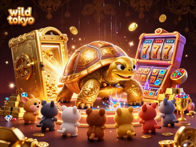 Experience the thrill of wild tokyo with an exciting 3D casino scene featuring a colossal tortoise, treasure chests, and vibrant slot machines.
