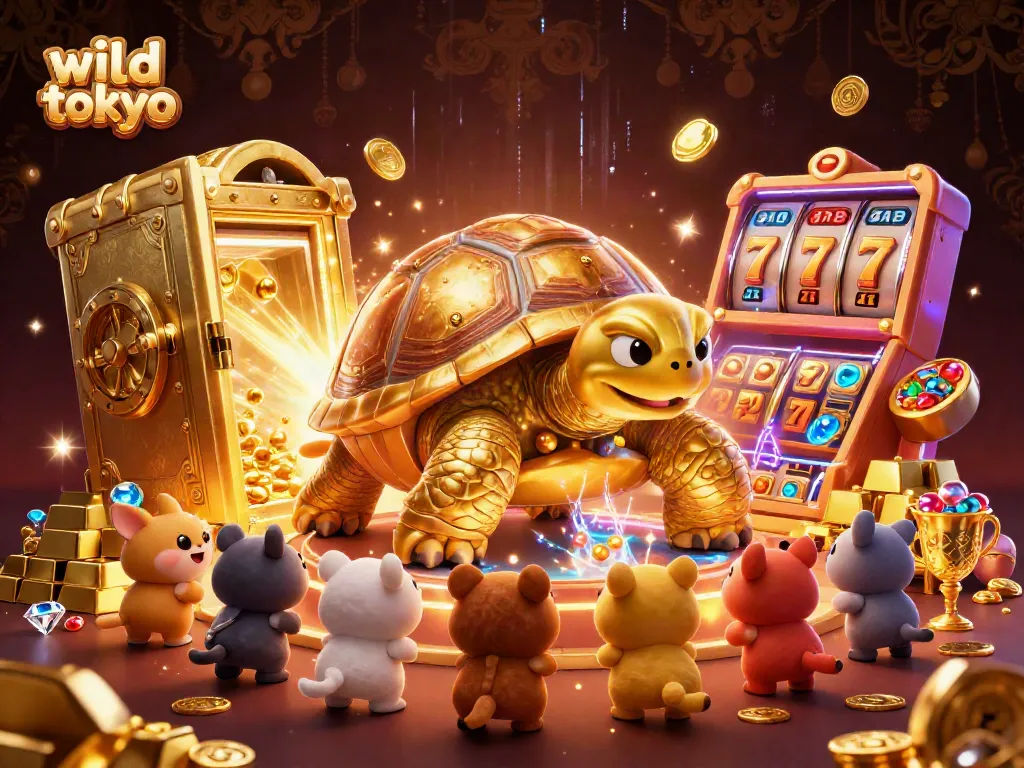 Experience the thrill of wild tokyo with an exciting 3D casino scene featuring a colossal tortoise, treasure chests, and vibrant slot machines.