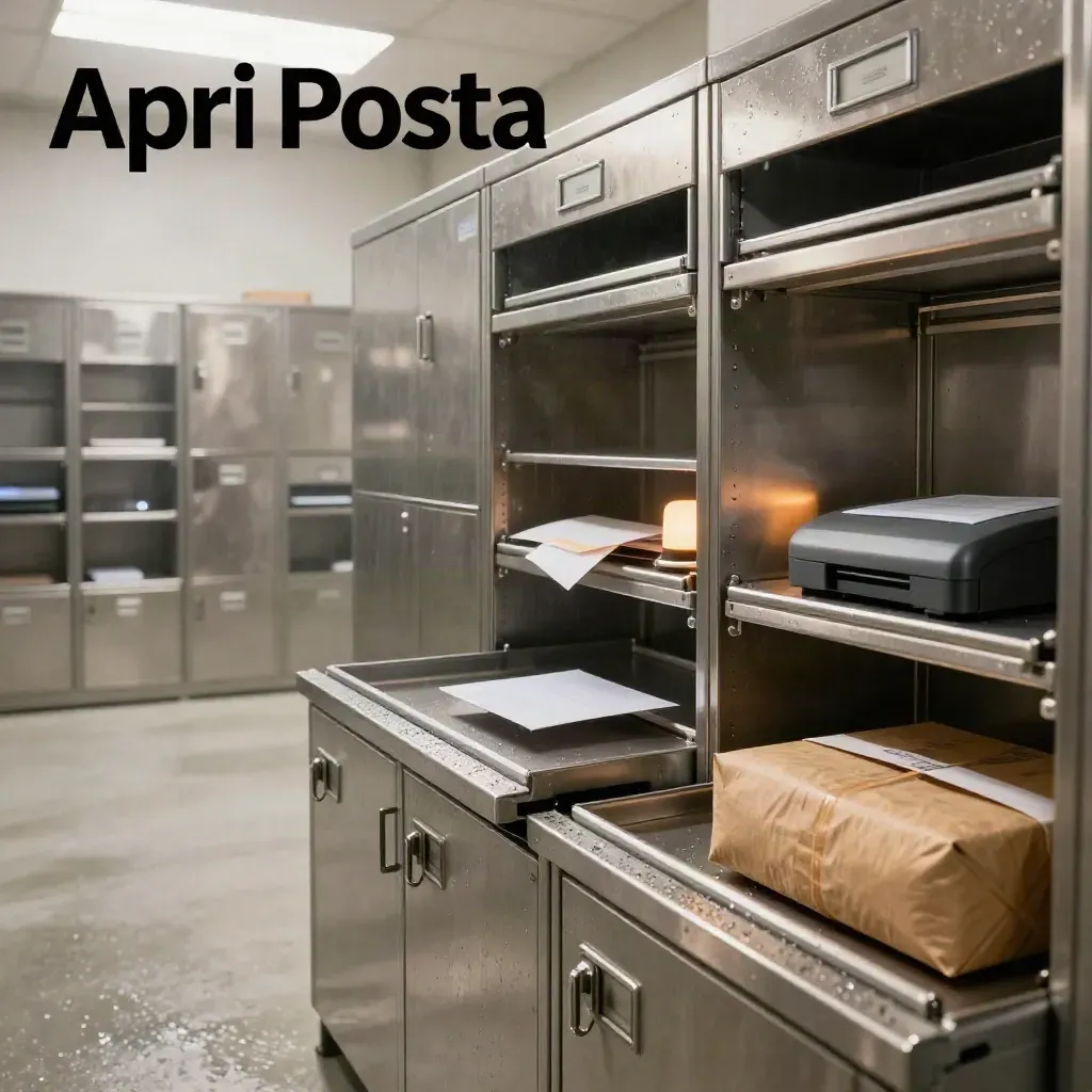 Centro posta moderno in alluminio, busta nel vassoio, pacco kraft e luce ambra dopo la pioggia