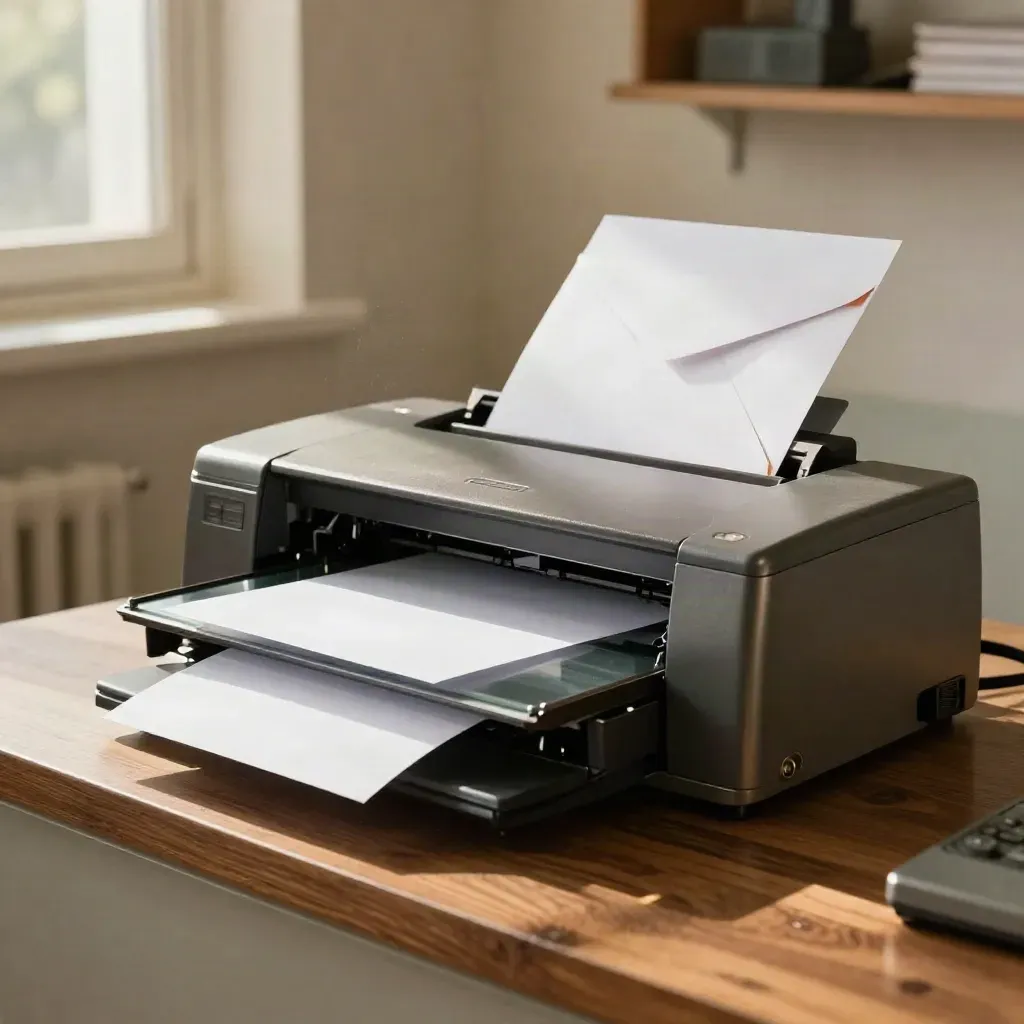 Scanner piano aperto con busta rovesciata, fogli bianchi e vassoio di uscita in luce calda.