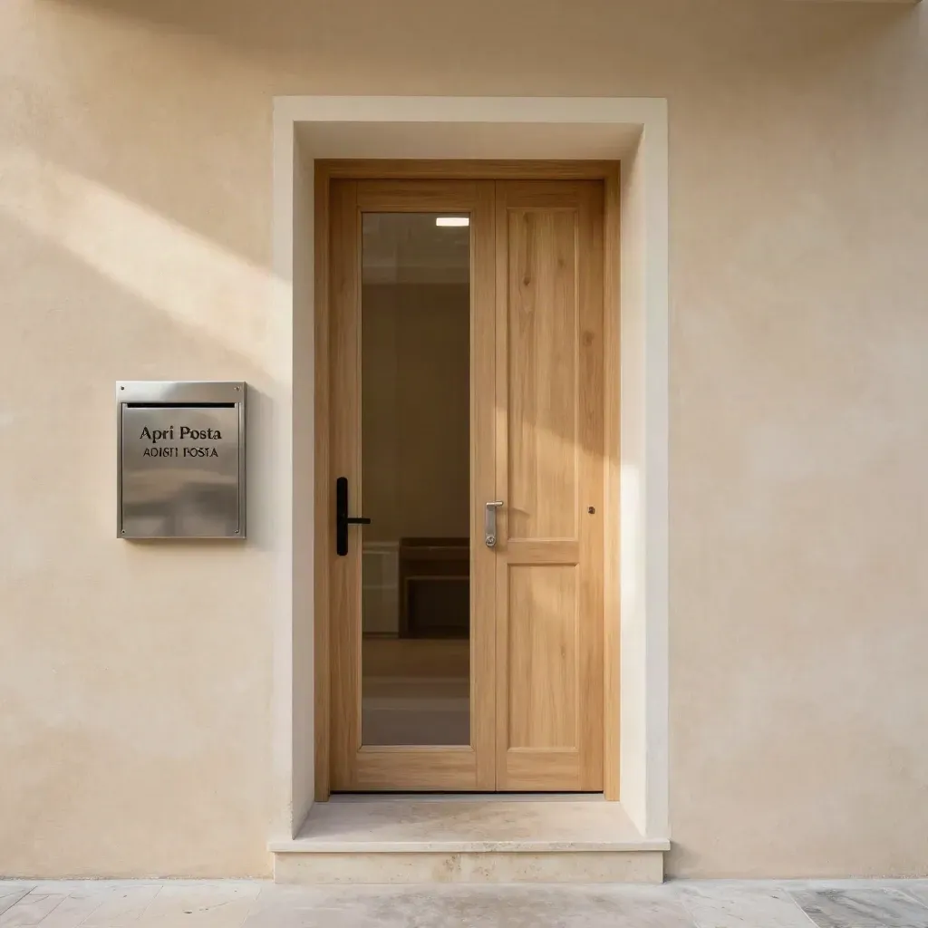 Ingresso moderno con cassetta postale integrata, soglia in pietra e porta in legno chiaro