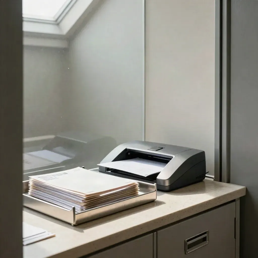 Ingresso di studio legale con vaschette posta, scanner e archivio metallico, ordinato e silenzioso