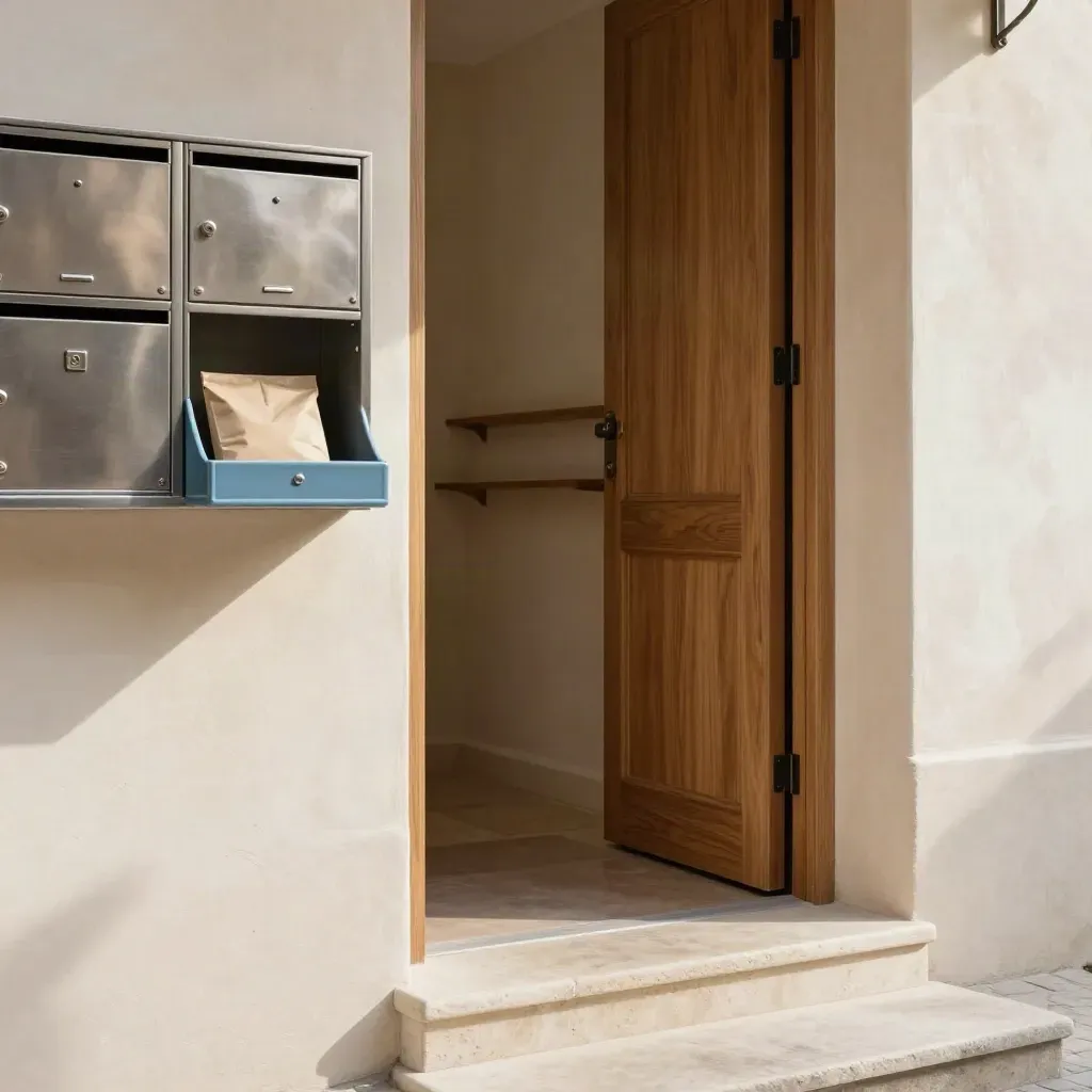 Ingresso con casellario fisso, vassoio posta e pacco pronto su soglia in pietra.