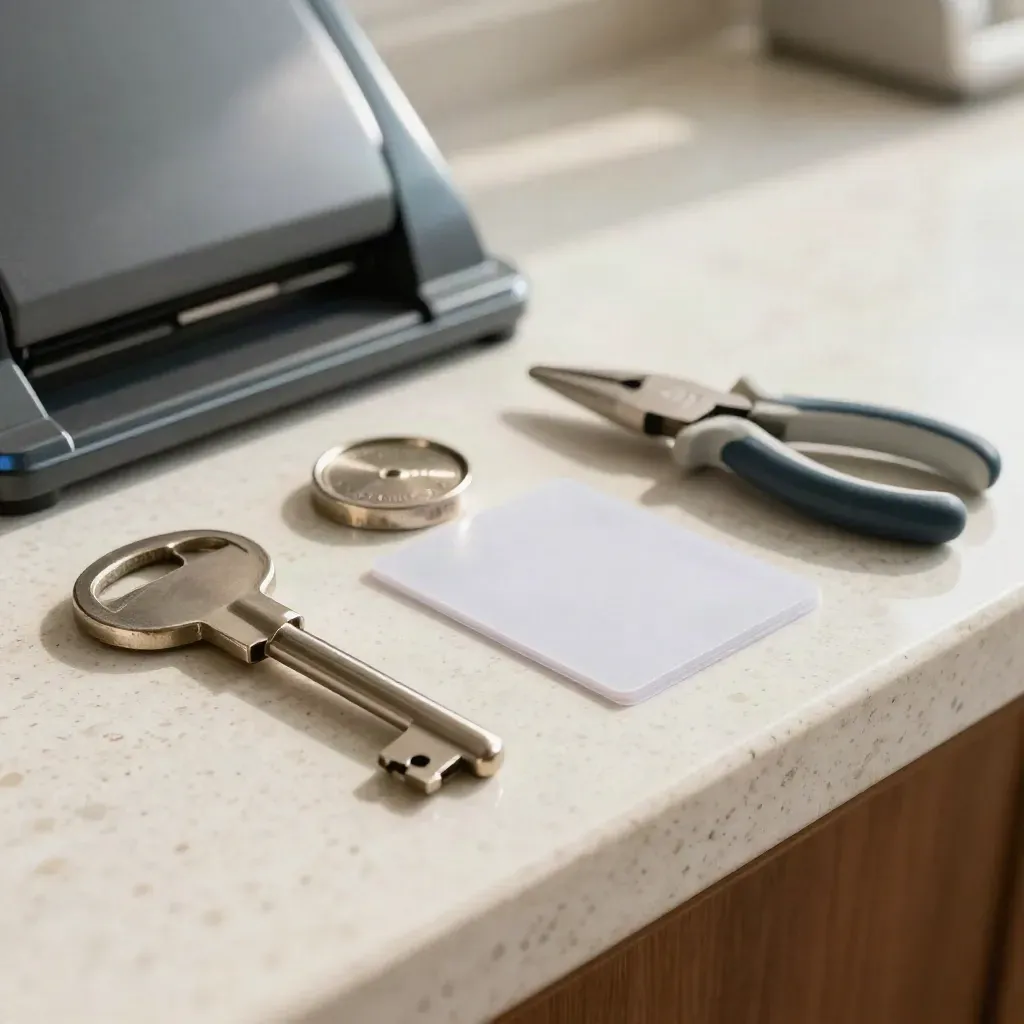 Kit di attivazione postale con chiave, sigillo metallico, custodia tessera e scanner su travertino.