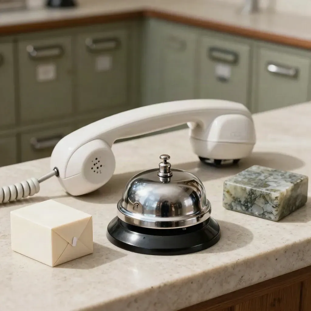 Telefono, campanello, cubo note chiuso e fermacarte in pietra su banco assistenza postale.