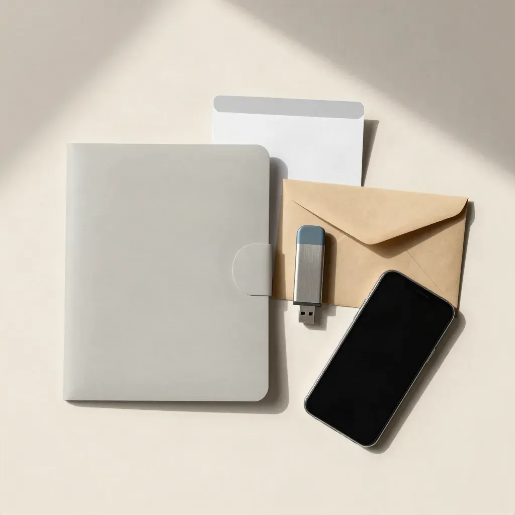 Flatlay dall’alto di cartellina, tessera, USB, busta sigillata e smartphone spento su fondo chiaro.