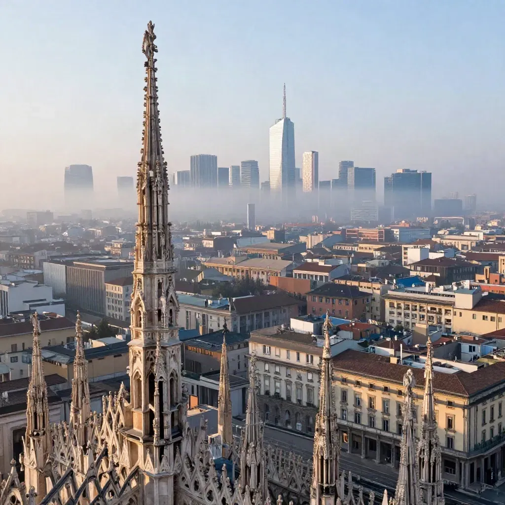 Panorama di Milano all’alba con il Duomo alto nella foschia e skyline moderno.