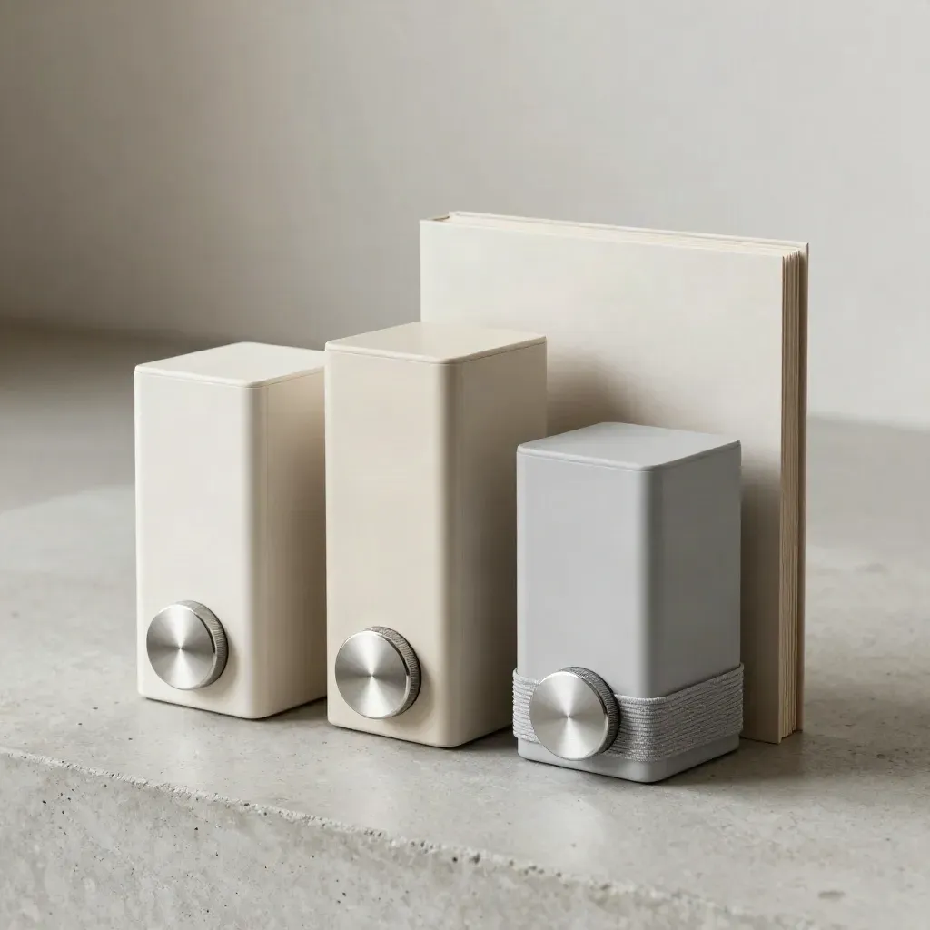 Tre scatole di servizio, disco metallico e elastico grigio su cemento chiaro