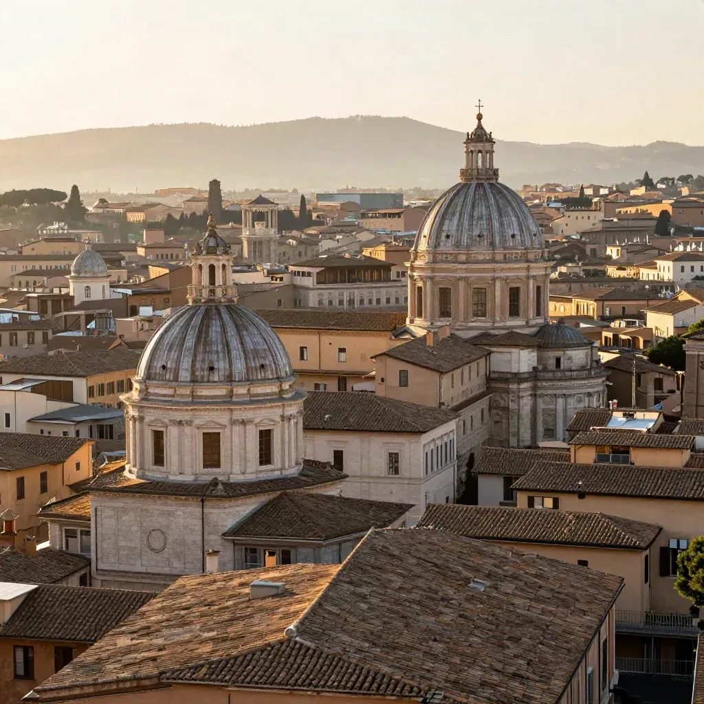 Roma vista da belvedere con cupole, tetti in terracotta e luce dorata.