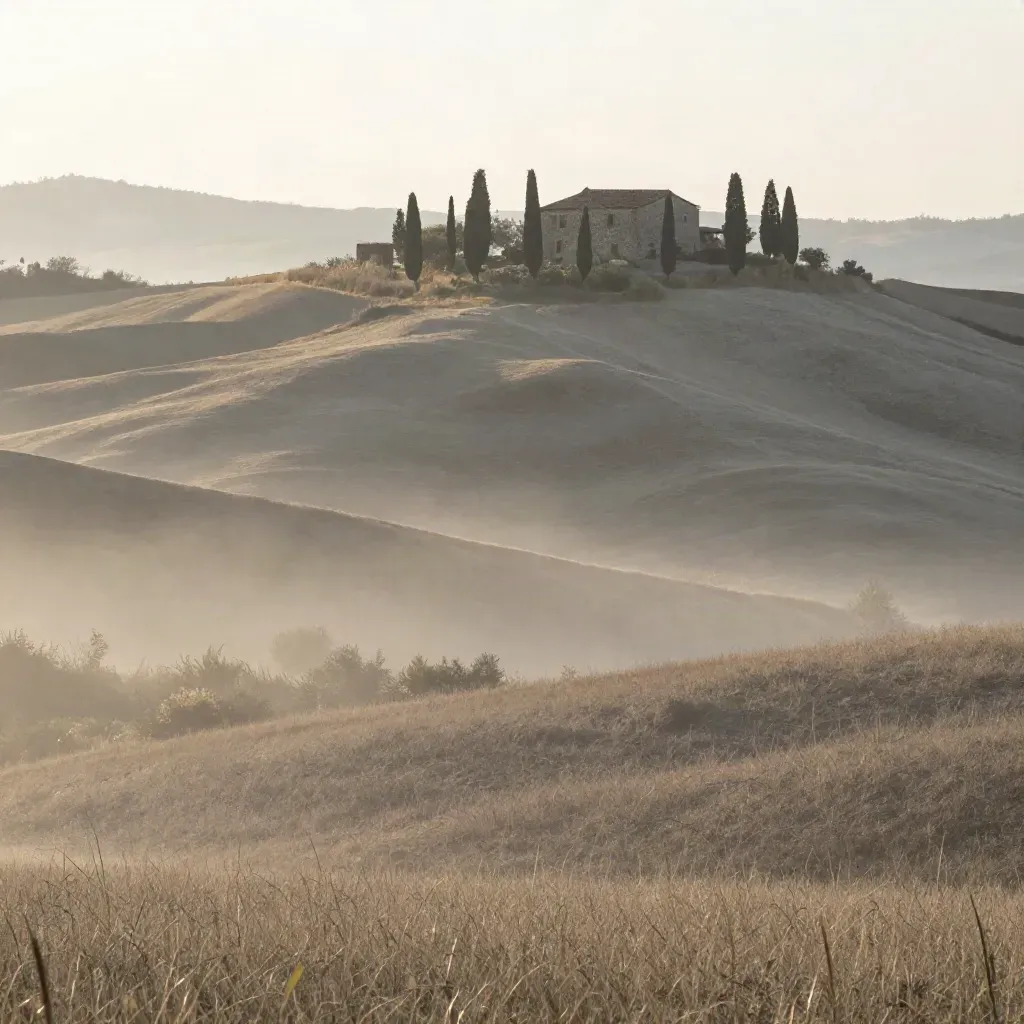 Colline toscane all’alba con cipressi, casale lontano e campo chiaro nella nebbia