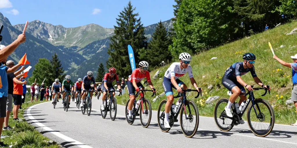 Exciting moment of ciclisti racing through a scenic mountain road during a competitive cycling event.