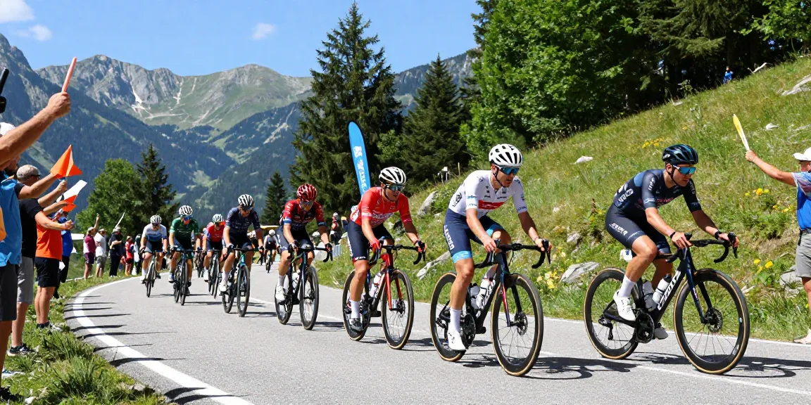 Exciting moment of ciclisti racing through a scenic mountain road during a competitive cycling event.